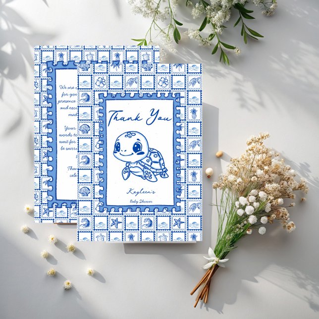 Under the sea blue cute turtle baby shower tack kort (Under the sea blue cute sea turtle baby shower thank you cards post stamp hand drawn sketch turtle)