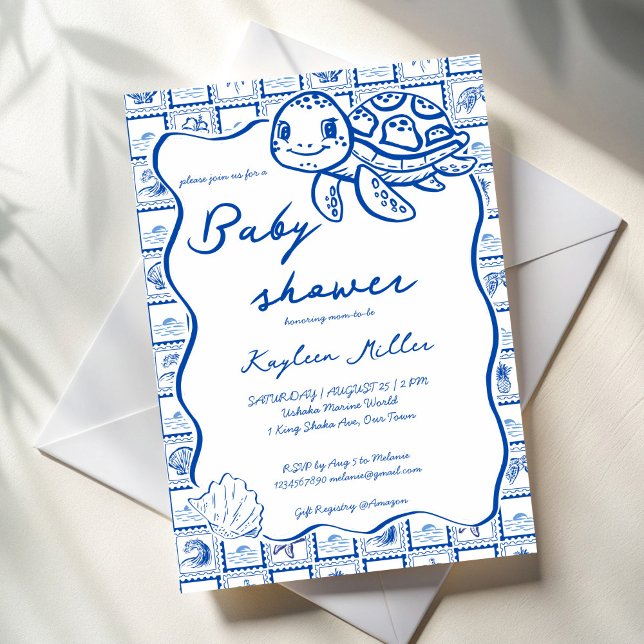 Under the sea cute turtle blue baby shower inbjudningar (Under the sea cute turtle blue post stamps wavy border baby shower invitation cards template)