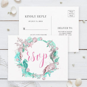 Under the Sea Cyan Rosa Vit RSVP Inbjudan Vykort