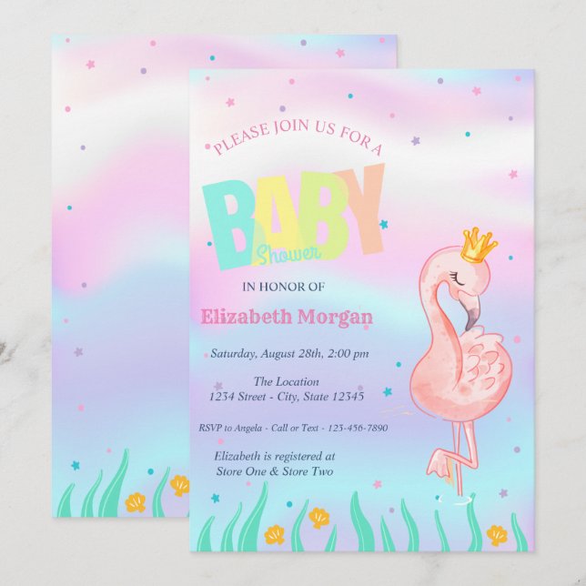 Under The Sea, Flamingo Holografisk Bebis Shower Inbjudningar (Fram/baksida)