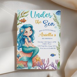 Under The Sea Havfrue 3-års Födelsedagsinbjudan Inbjudningar