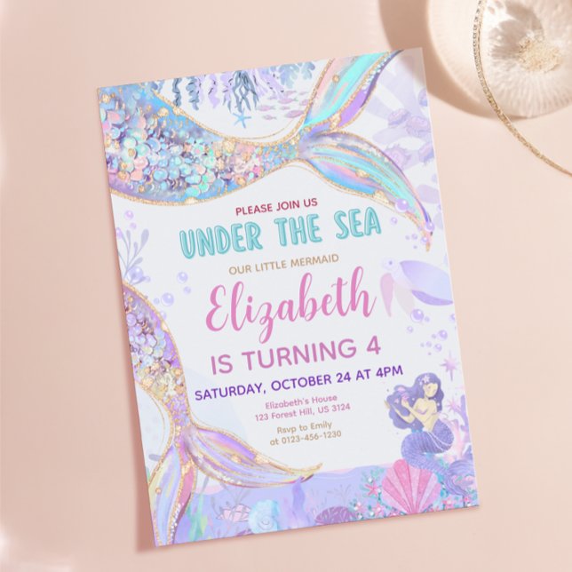 Under The Sea Havsfru Födelsedagsinbjudan Inbjudningar (Under The Sea Mermaid Birthday Girl Invitation)
