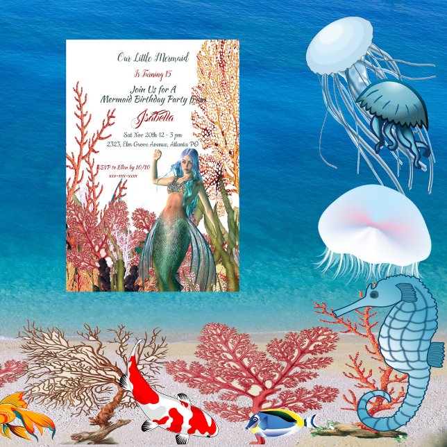 Under The Sea Havsfru Tropisk Korallrev Födelsedag Inbjudningar (Under The Sea Mermaid Tropical Coral Reef Birthday Invitation)