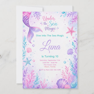 Under the Sea Magic Watercolor Mermaid Birthday Inbjudningar