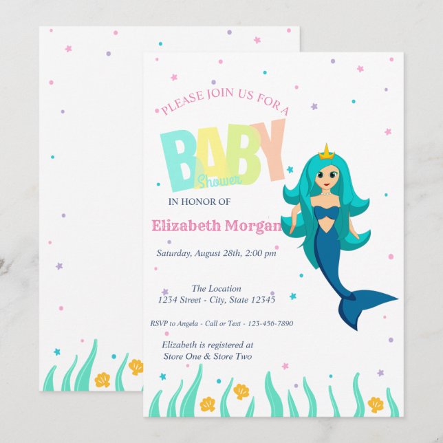 Under The Sea, Mermaid  Babyfest Inbjudningar (Fram/baksida)