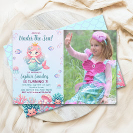 Under the sea Mermaid Birthday Girl with Photo Inbjudningar