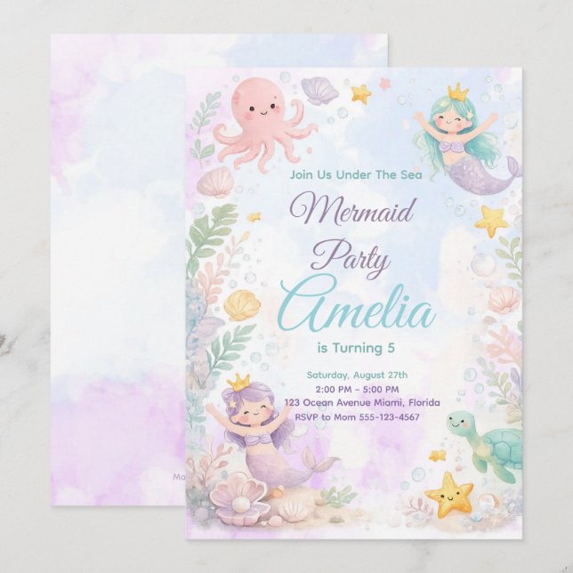 Under The Sea Mermaid Birthday Invitation Inbjudningar (Fram/baksida)