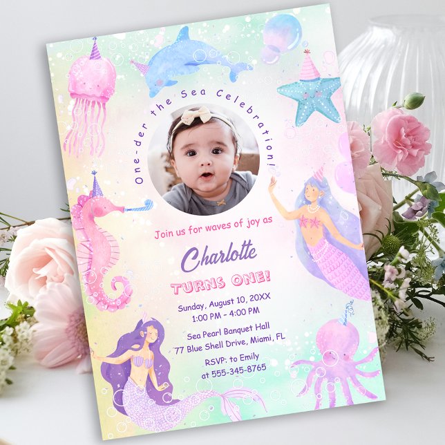 Under the Sea Mermaid Flicka 1-års inbjudan (Under the Sea Mermaid Girl 1st Birthday Invitation)