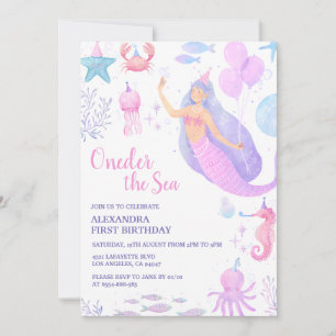 Under the Sea Mermaid Girl 1st födelsedag Pastel Inbjudningar