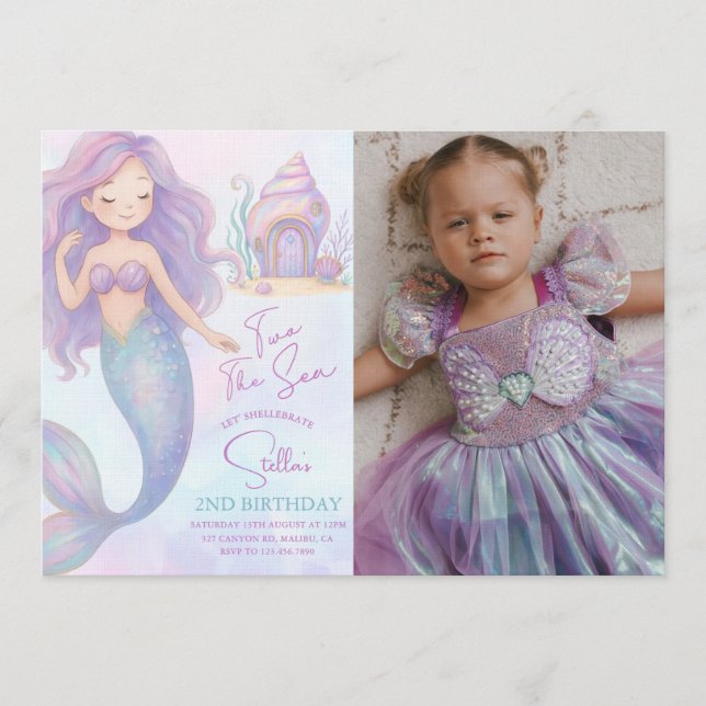Under the Sea Mermaid Purple 2nd Birthday Photo Inbjudningar (Framsida)