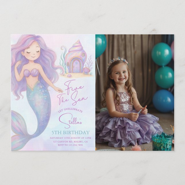 Under the Sea Mermaid Purple 5th Birthday Photo Inbjudningar (Framsida)