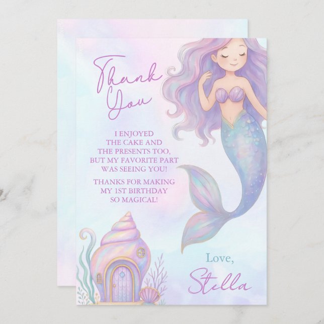 Under the Sea Mermaid Sea Purple Girl 1st Birthday Tack Kort (Fram/baksida)