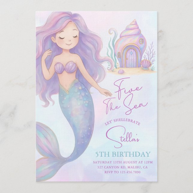 Under the Sea Mermaid Sea Purple Girl 5th Birthday Inbjudningar (Framsida)