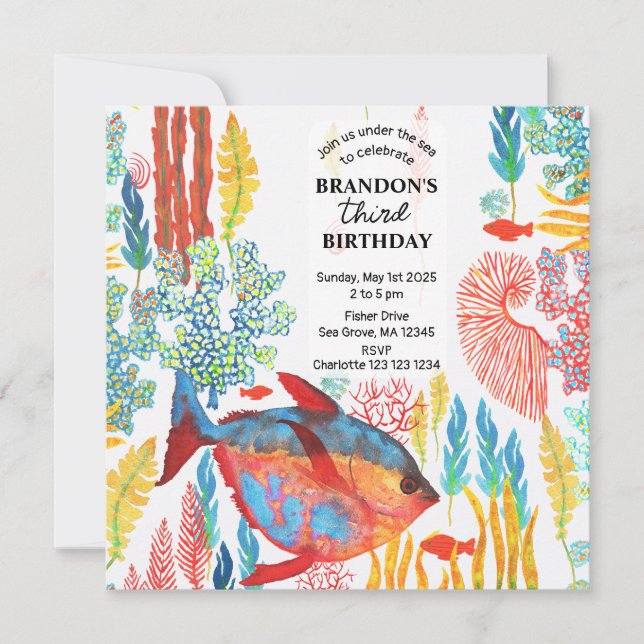 Under The Sea Ocean Animal watercolor Birthday  Inbjudningar (Framsida)