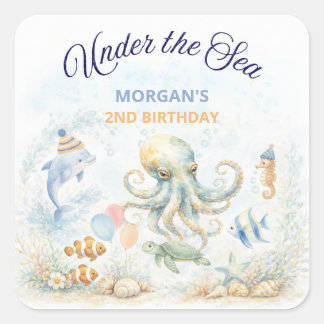 Under the Sea Ocean Animals Octopus Birthday Fyrkantigt Klistermärke