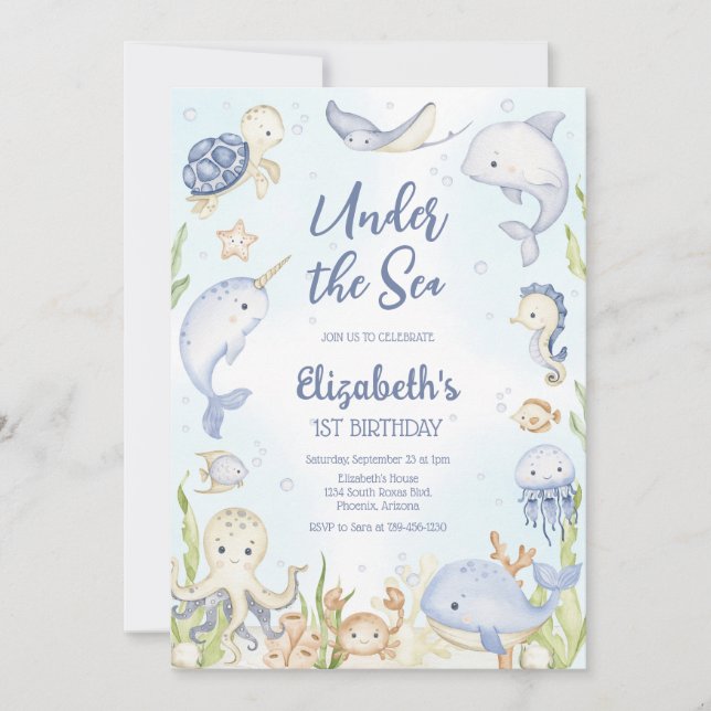 Under the Sea Ocean Animals Theme Birthday  Inbjudningar (Framsida)
