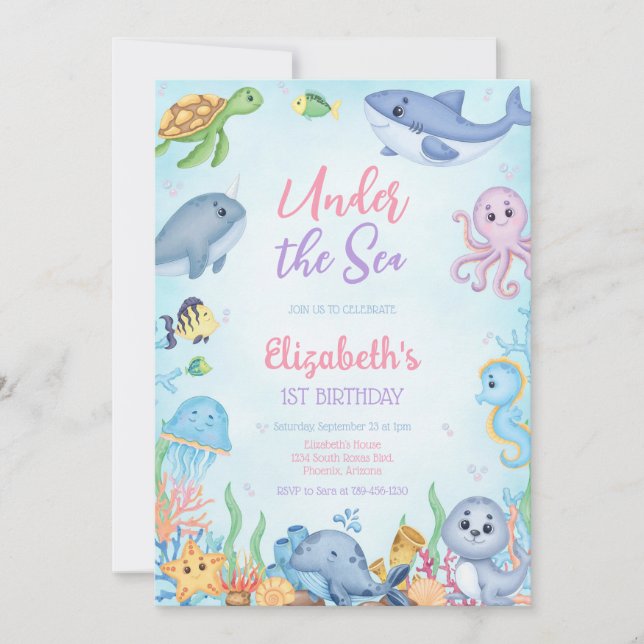 Under the Sea Ocean Animals Theme Birthday Inbjudningar (Framsida)