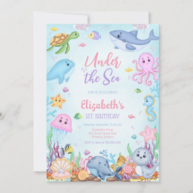 Under the Sea Ocean Animals Theme Birthday  Inbjudningar (Framsida)