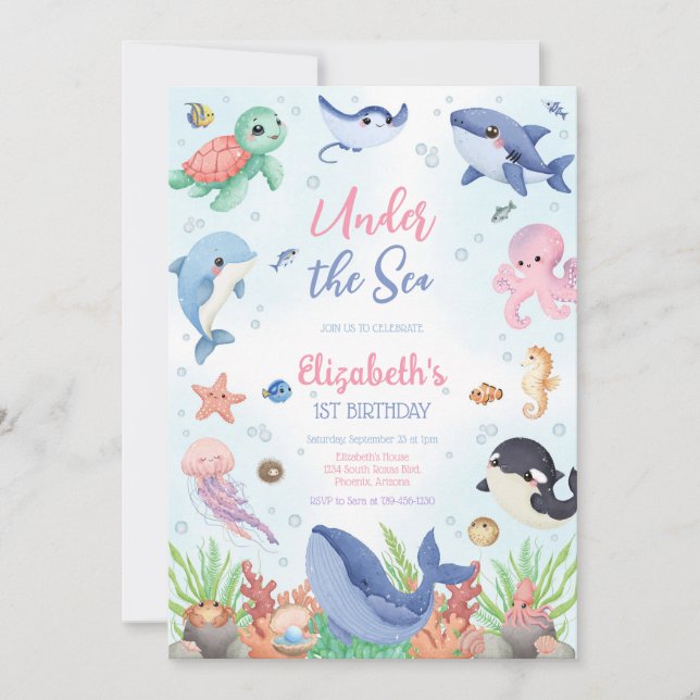 Under the Sea Ocean Animals Theme Birthday Inbjudningar (Framsida)