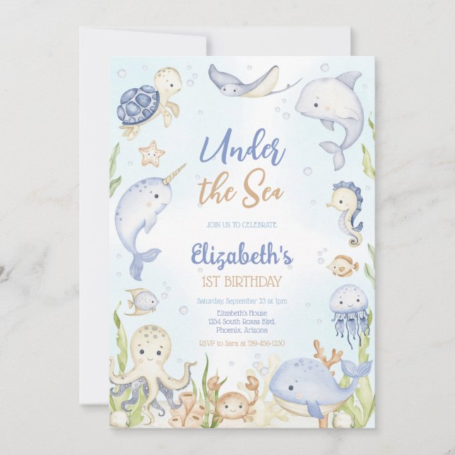 Under the Sea Ocean Animals Theme Birthday  Inbjudningar (Framsida)
