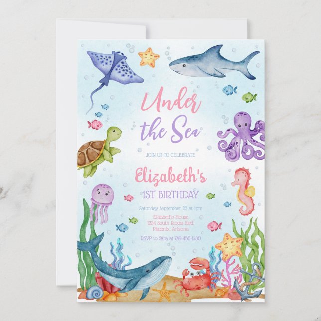 Under the Sea Ocean Animals Theme Birthday Inbjudningar (Framsida)