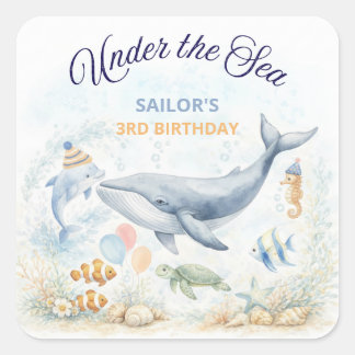 Under the Sea Ocean Animals Whale Birthday Fyrkantigt Klistermärke