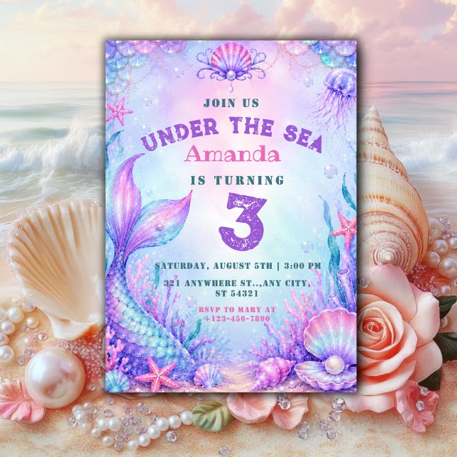 Under the Sea | pastell Måermaid 3-års födelsedags Inbjudningar (Skapare uppladdad)