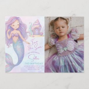 Under the Sea-Sirenen lila 2-års födelsedagsfoto Inbjudningar