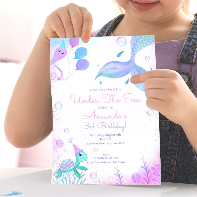 Under The Sea Sjöröding & Sköldpadda Födelsedag  Inbjudningar (. Mermaid dreams come true, easy to fill template for whimsical under the sea celebration. 

)
