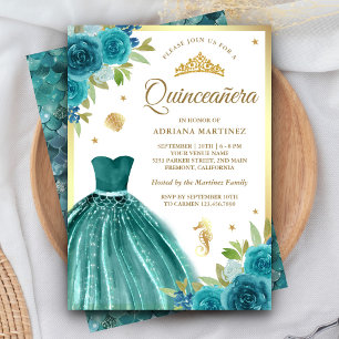 Under the Sea Teal Klänning Mermaid Guld Quinceane Inbjudningar