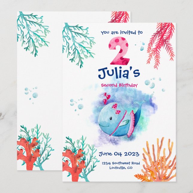Under The Sea Val, havsdjur födelsedag  Inbjudningar (Fram/baksida)