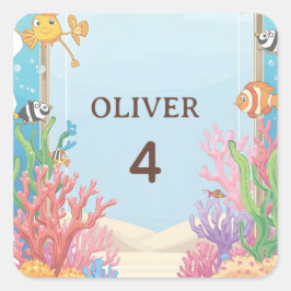 Under the Sea Vattentåliga Etiketter, Oliver Namne Fyrkantigt Klistermärke