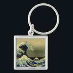 Under vågen av Kanagawa Fyrkantig Silverfärgad Nyckelring<br><div class="desc">Klassisk japansk bra art woodblock skriver ut "Under Wave of Kangawa" av Hokusai,  1830.</div>
