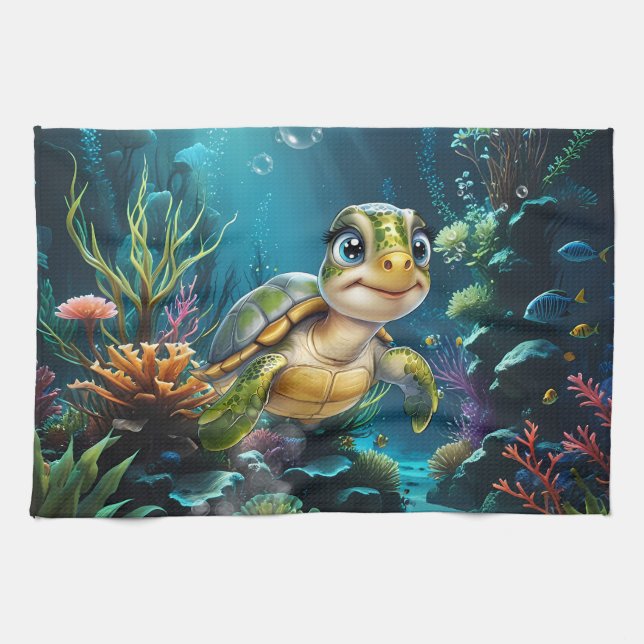 Under vatten äventyr med den heliga sköldpaddan. kökshandduk (Horisontell)