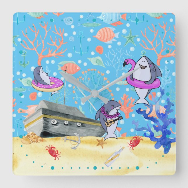 Under Water Deep Sea Shark Party Time Kids Fyrkantig Klocka (Framsida)