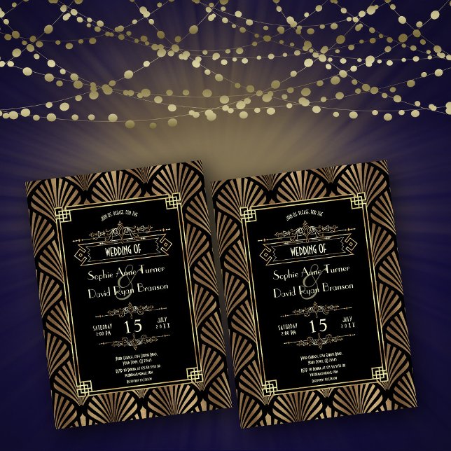 Underbar 1920-talet Bröllop i Luxury Guld Art Deco Inbjudningar (Art Deco wedding, roaring 20s gold black wedding, trendy gold black great Gatsby wedding)