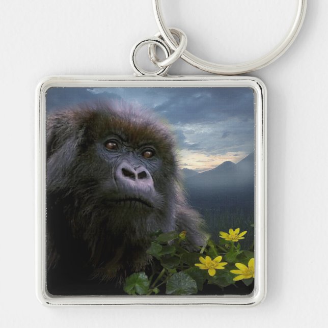 Underbar Apes Gorilla Primate Wildlife Keychain Fyrkantig Silverfärgad Nyckelring (Framsidan)