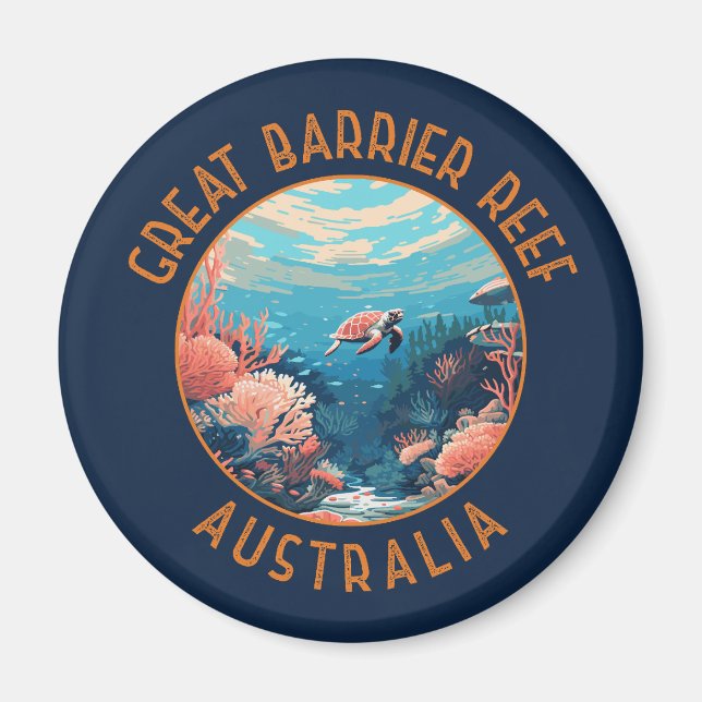 Underbar Barrier Reef Australia Retro Distress Art Magnet (Framsidan)