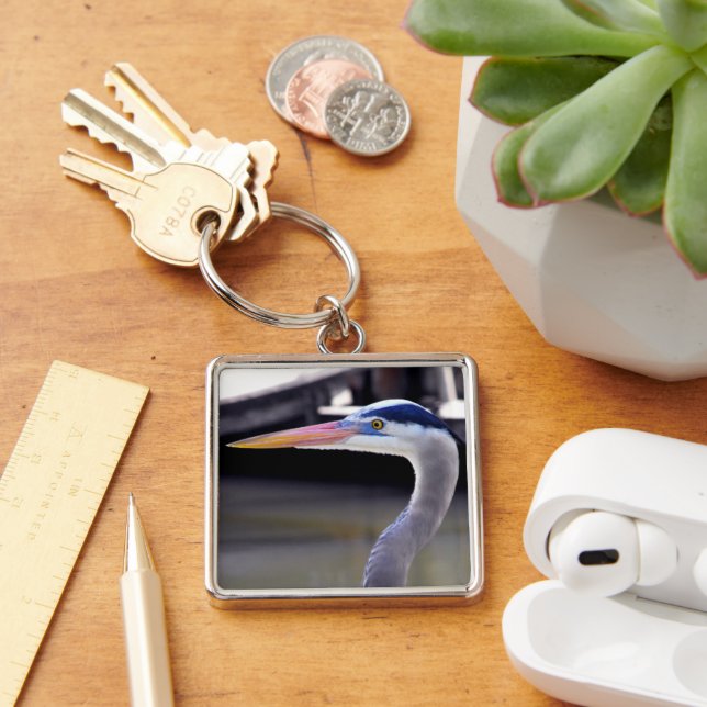 Underbar blå Heron-profil Fyrkantig Silverfärgad Nyckelring (Skrivbord)