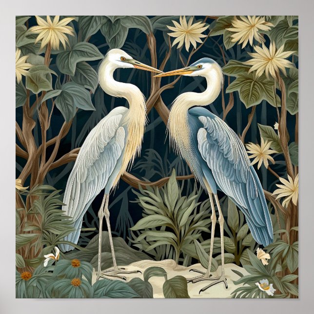 Underbar Blå Heron Vintage Stil Poster (Framsidan)