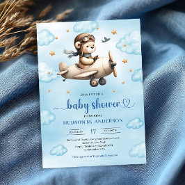 Underbar blå och guld flygplansbjörn baby shower inbjudningar