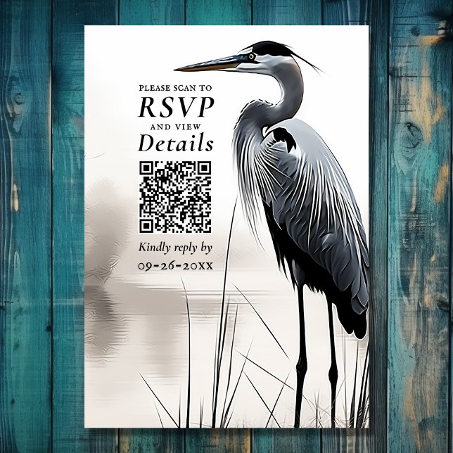 Underbar Blue Heron Coastal Bird QR Code Bröllop OSA Kort (Front - Great Blue Heron Water Bird QR Code Wedding RSVP Card
)