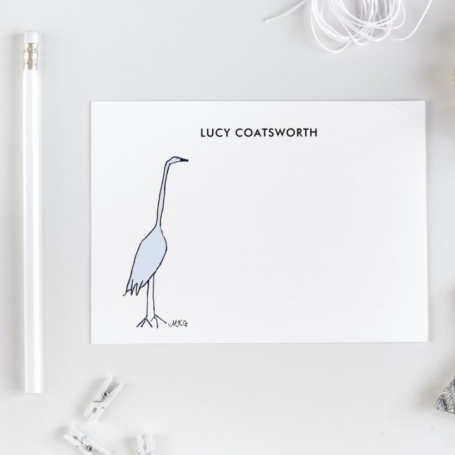 Underbar Blue Heron Monogram Boho Bird Artwork Anteckningskort (These whimsical Great Blue Heron notecards capture the  beauty and humor of this bird.)