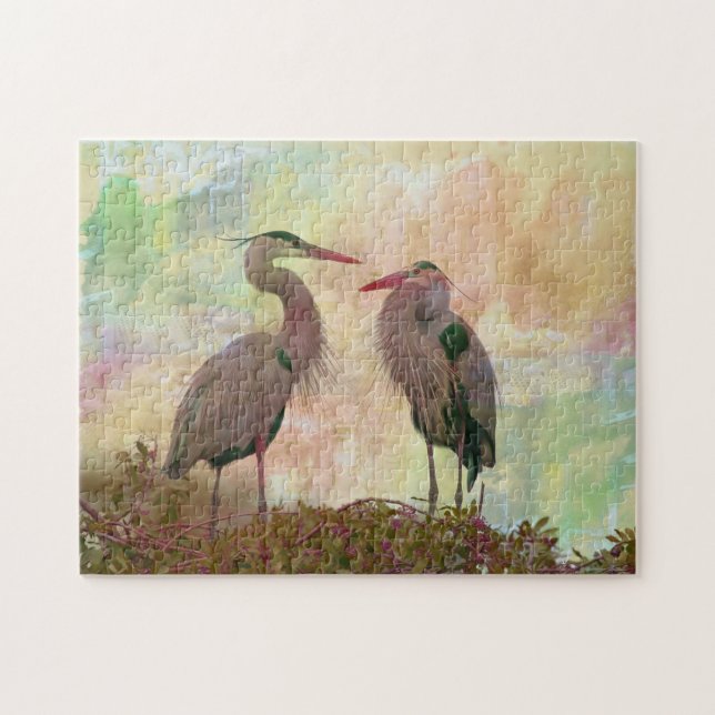 Underbar Blue Heron Pair Digital Art Jigszle Puzzl Pussel (Horisontell)