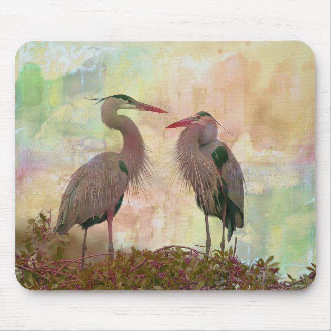 Underbar Blue Heron Pair Digital Art Mouse Pad Musmatta (Framsidan)