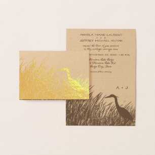 Underbar Blue Heron silhouette rustic bröllop guld Folierat Kort