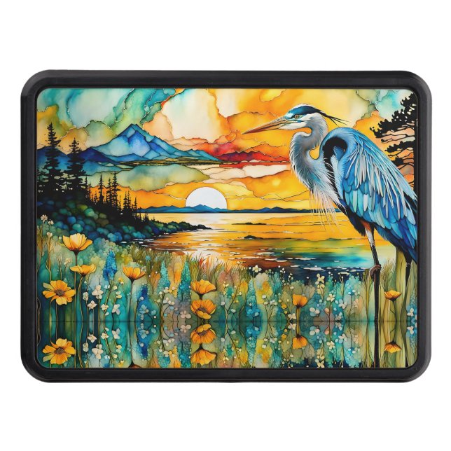 Underbar Blue Heron Sunset Wildblommor Vatten Dragkroksskydd (Framsidan)