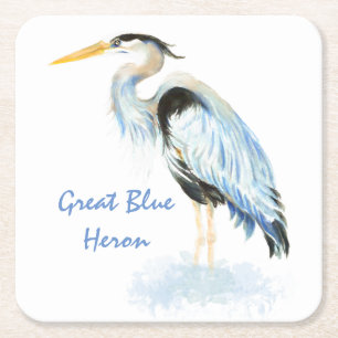 Underbar Blue Heron Watercolor Bird Art Underlägg Papper Kvadrat