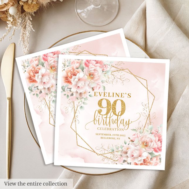Underbar blushrosa blomsterfest för 90-årsfirande pappersservett (Gorgeous blush pink floral 90th birthday party Napkins)