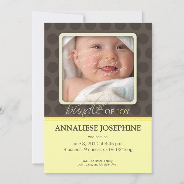 Underbar bunt glädje födelse kungörelse :: citron meddelande (Framsida)